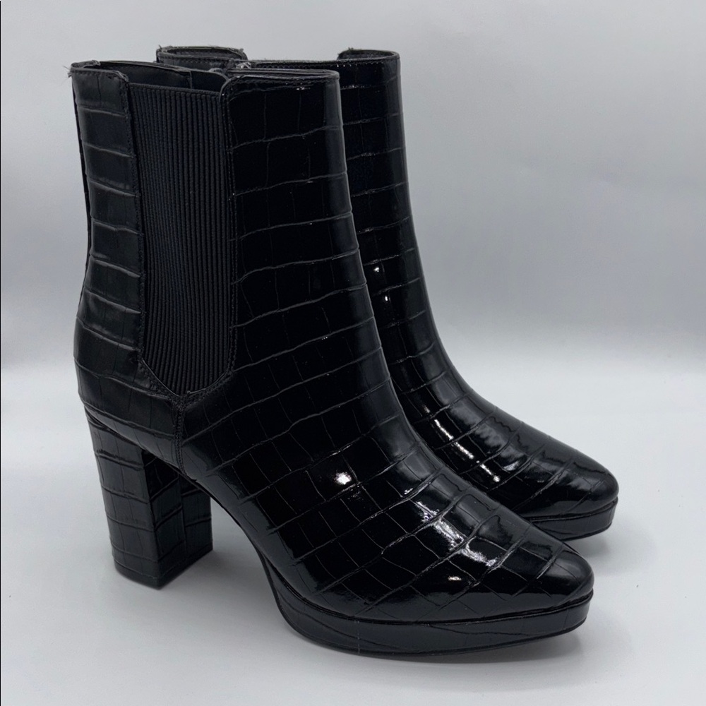 Anne Klein Black Croc-Patterned Heeled Boots Size 9.5 NWOT